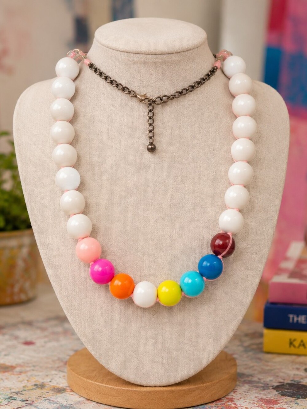 Vintage Rainbow Gumball Bead Necklace Chunky 80s 90s Statement Collar